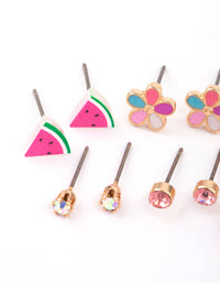 Kids Pink Watermelon & Flower Stud Earrings 6-Pack - link has visual effect only