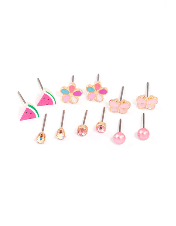 Kids Pink Watermelon & Flower Stud Earrings 6-Pack