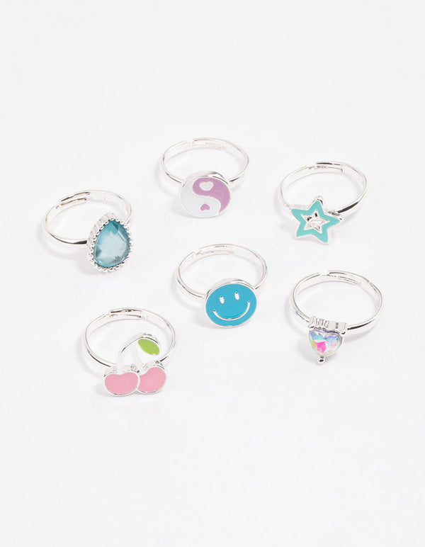 Kids Silver Smiley Star Ring 6-Pack