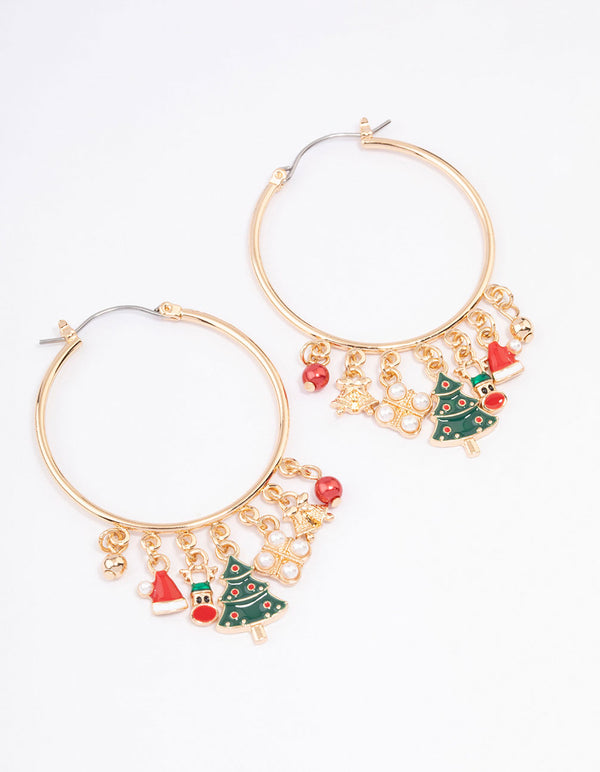 Gold Christmas Charm Hoop Earrings