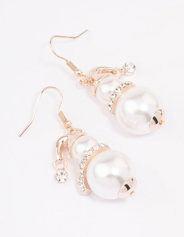 Rose Gold Diamante Pearl Snowman Drop Earrings