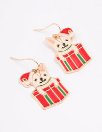 Gold Christmas French Bulldog Present Drop Earrings - link has visual effect only