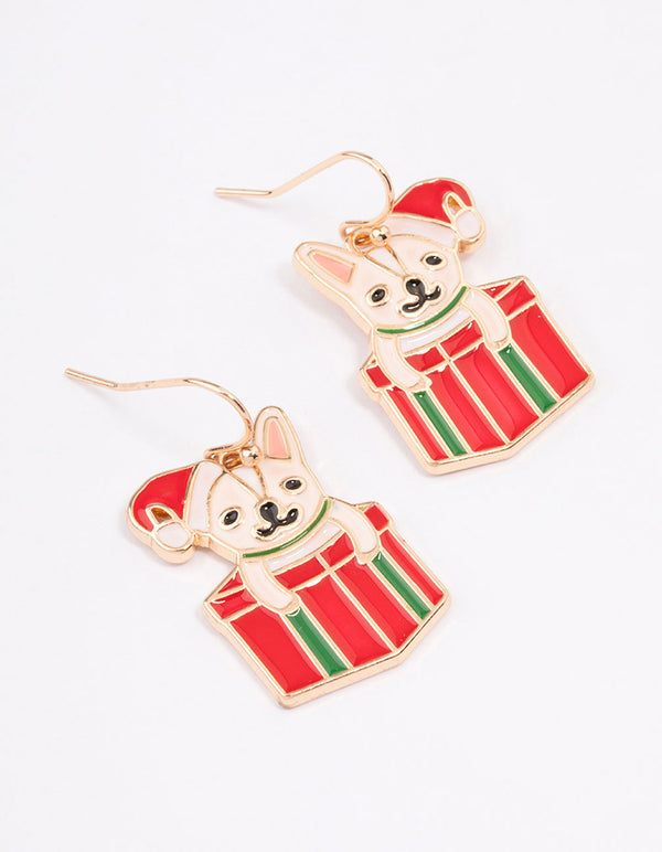 Gold Christmas French Bulldog Present Drop Earrings