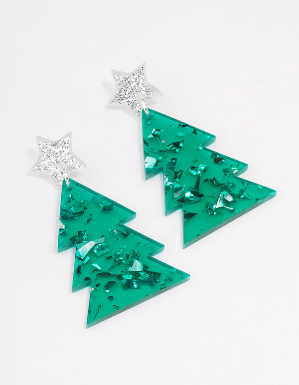 Green Acrylic Christmas Tree Drop Earrings