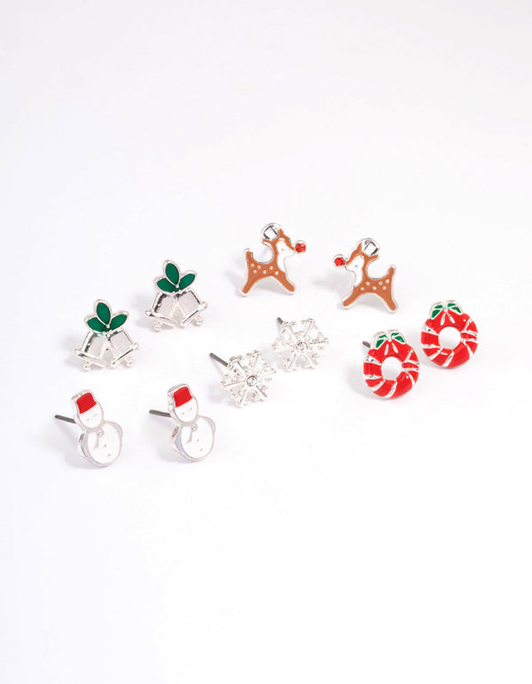Silver Enamel Christmas Stud Earrings 5-Pack