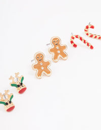 Gold Christmas Reindeer & Gingerbread Stud Earrings 3-Pack - link has visual effect only