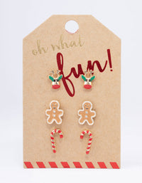 Gold Christmas Reindeer & Gingerbread Stud Earrings 3-Pack - link has visual effect only
