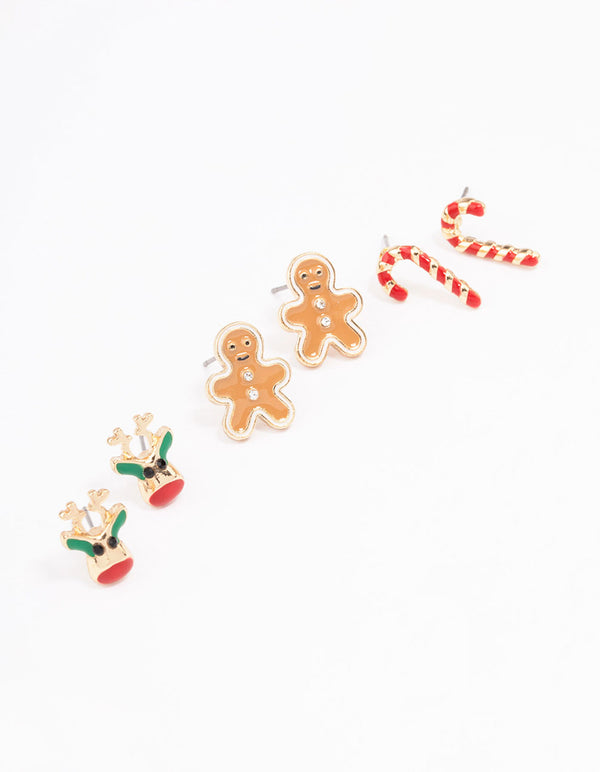 Gold Christmas Reindeer & Gingerbread Stud Earrings 3-Pack