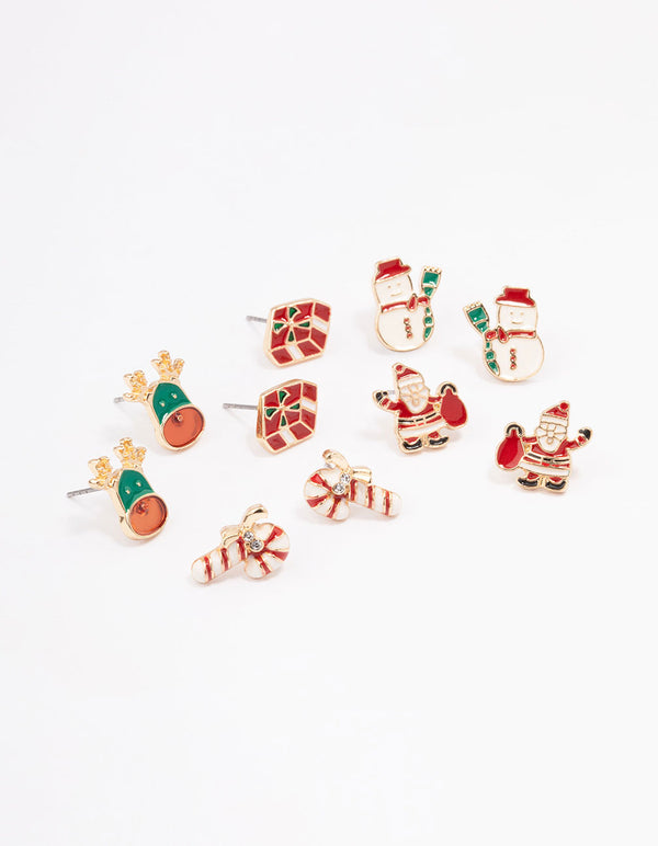 Gold Enamel Christmas Motif Stud Earrings Pack