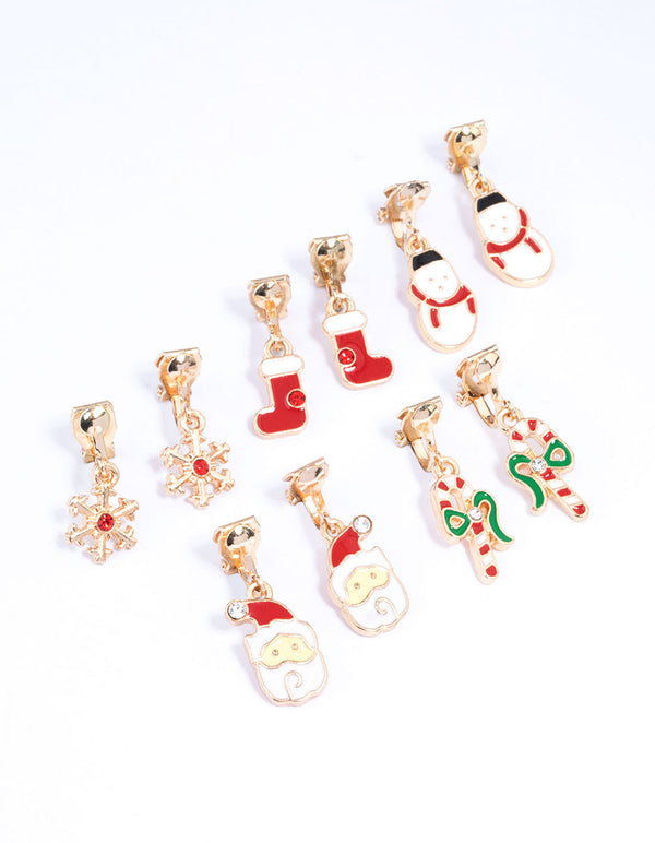 Gold Christmas Clip On Drop Earrings 5-Pack