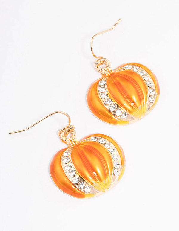 Orange Diamante Pumpkin Drop Earrings