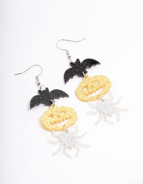 Glitter Bat & Pumpkin Drop Earrings