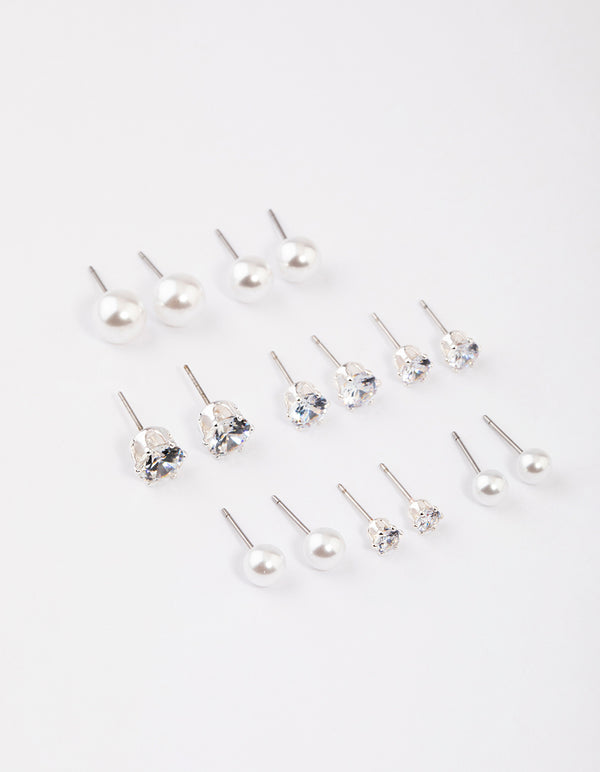 Silver Graduating Diamante & Pearl Earrings 8-Pack