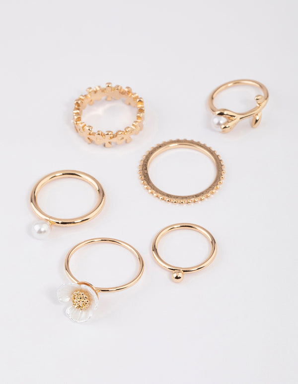 Gold Pearl Flower Ring 6-Pack