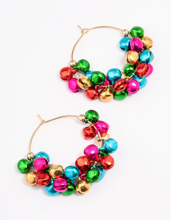 Gold Colourful Bell Christmas Hoop Earrings