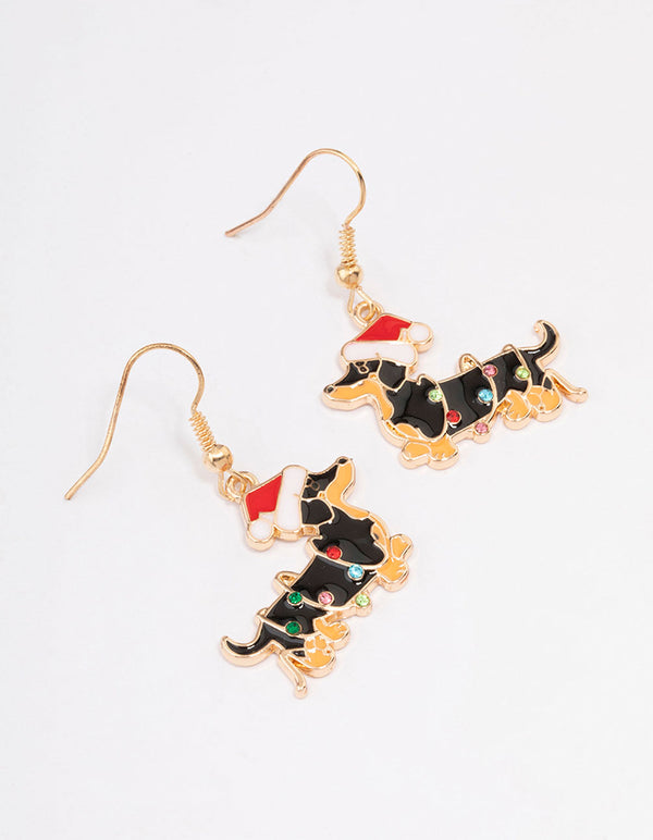 Gold Dachshund Christmas Drop Earrings