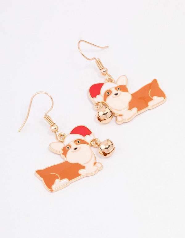 Gold Corgi Christmas Drop Earrings