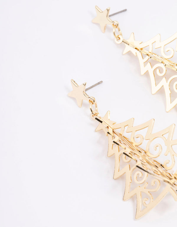 Gold Metallic Christmas Tree Drop Earrings