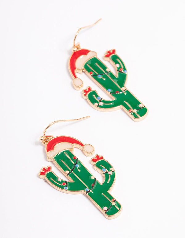 Gold Christmas Cactus Drop Earrings