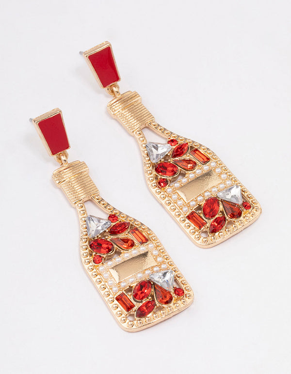 Gold Red Diamante Glitter Wine Bottle Drop Earrings