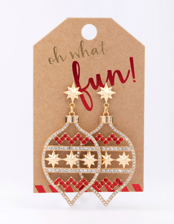 Diamante Red & Gold Bauble Drop Earrings