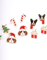 Christmas Present & Dog Stud Earrings 5-Pack - link has visual effect only