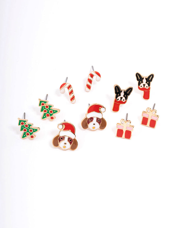 Christmas Present & Dog Stud Earrings 5-Pack
