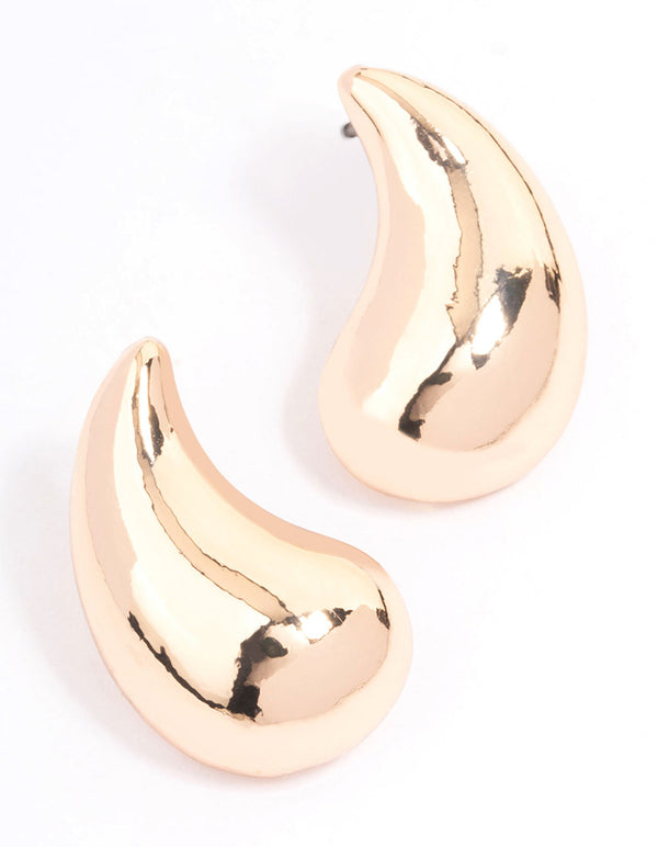 Gold Large Curved Droplet Stud Earrings