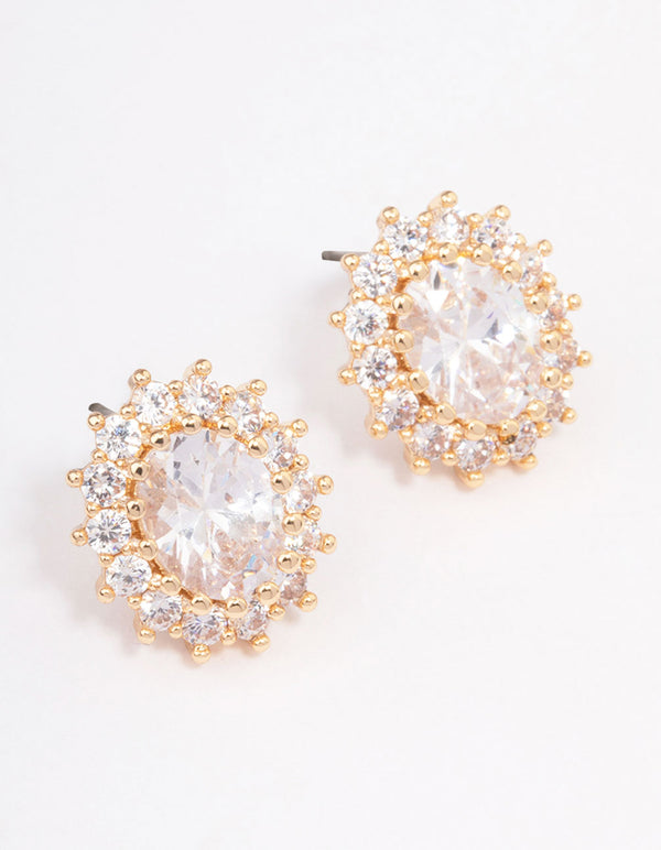 Gold Round Halo Stud Earrings