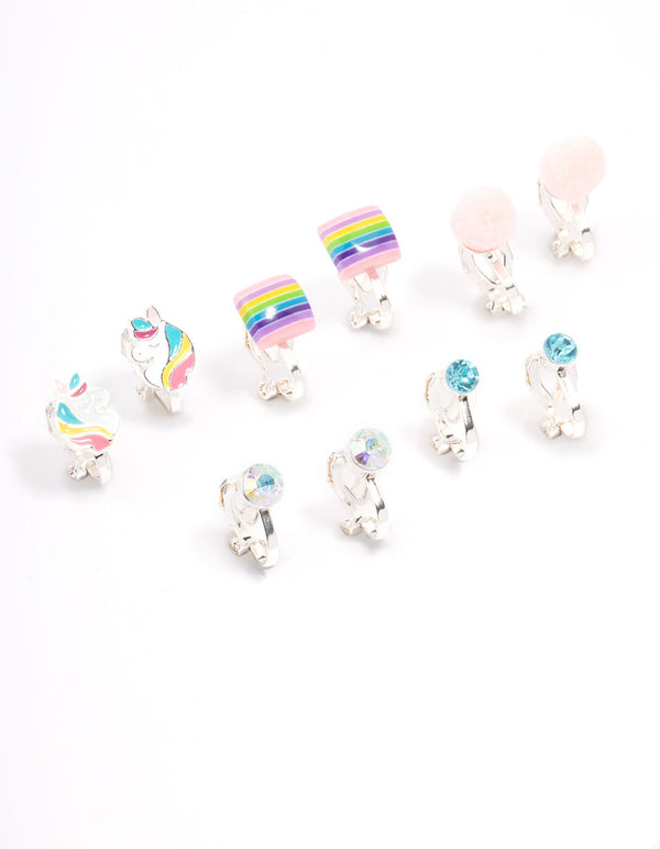 Kids Unicorn & Pom Pom Clip On Earrings 5-Pack