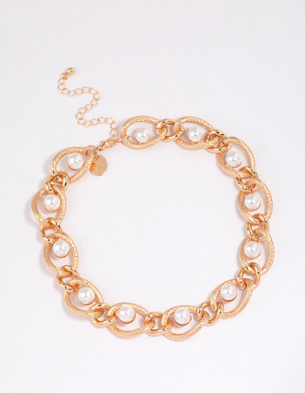 Gold Textured Pearl Short Chain Necklace