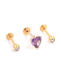 Gold Plated Surgical Steel Heart Round Cubic Zirconia Flat Back 3-Pack - link has visual effect only
