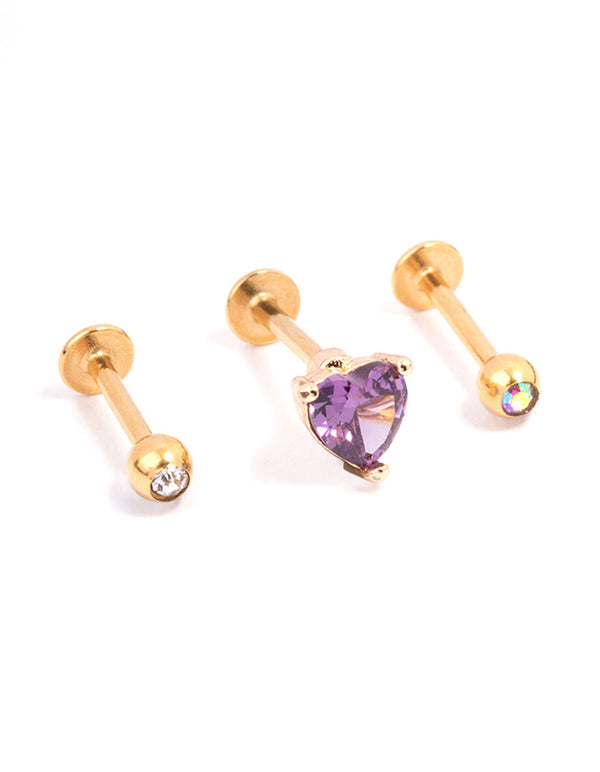 Gold Plated Surgical Steel Heart Round Cubic Zirconia Flat Back 3-Pack