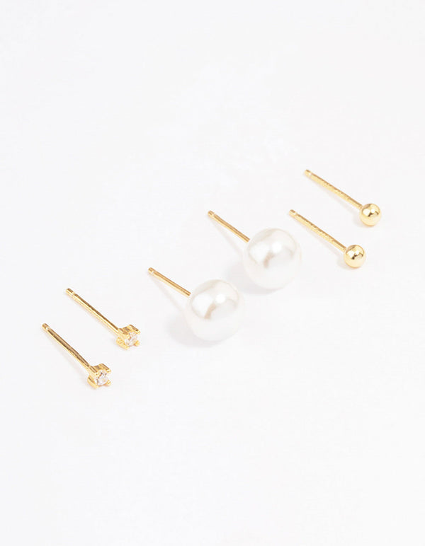 Gold Plated Sterling Silver Pearl & Cubic Zirconia Earring 3-Pack