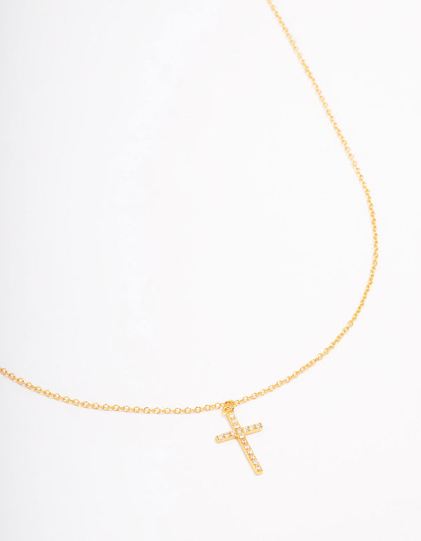 Gold Plated Sterling Silver Pave Cross Pendant Necklace