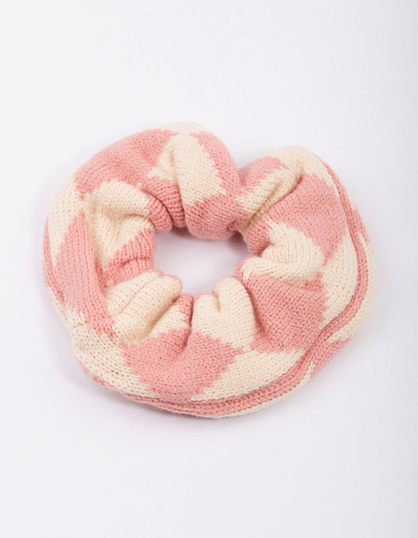 Pink & Cream Checkered Knitted Hair Scrunchie