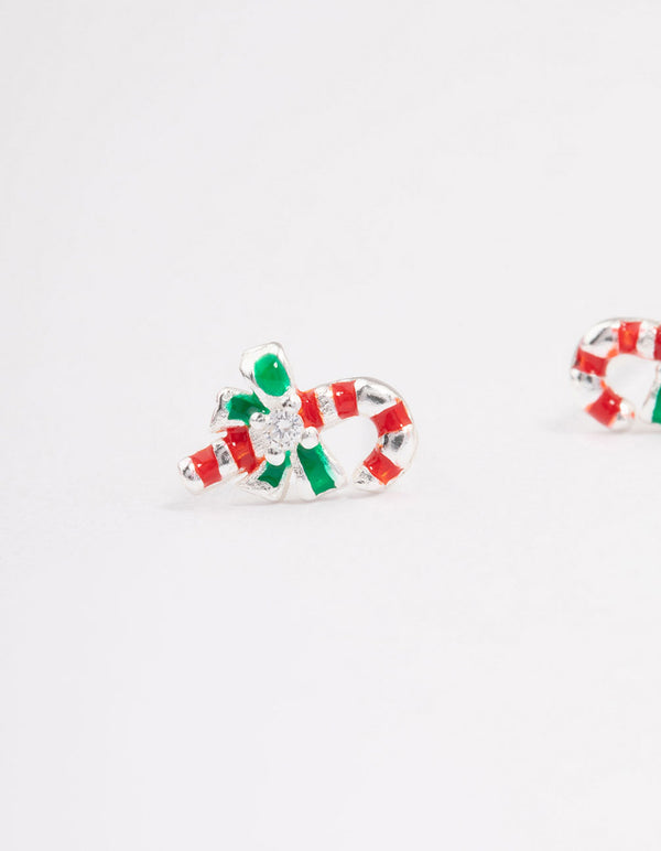 Sterling Silver Red Candy Cane Stud Earrings