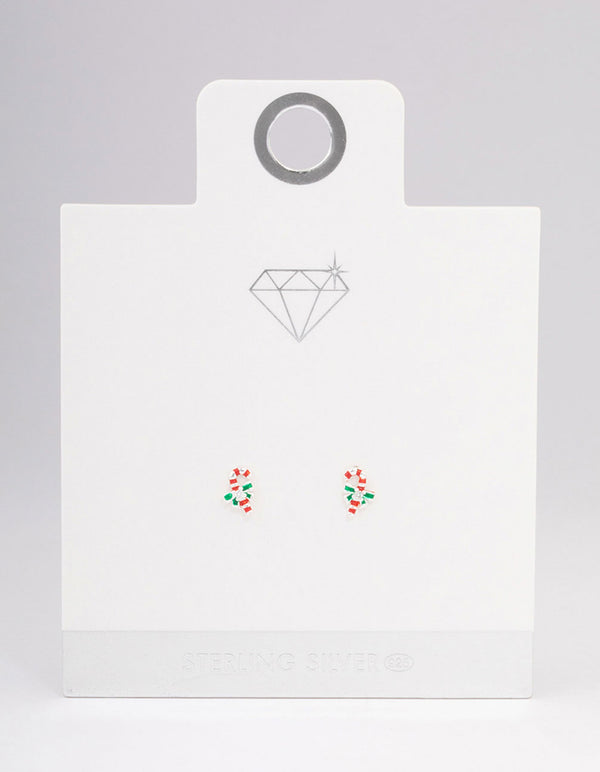 Sterling Silver Red Candy Cane Stud Earrings