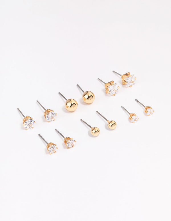 Gold Cubic Zirconia & Ball Stud Earrings 6-Pack