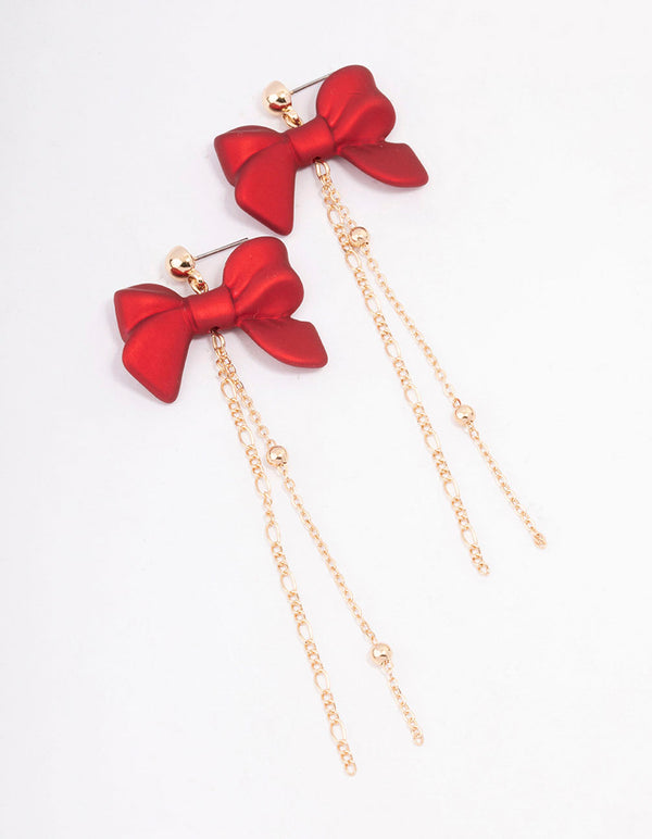 Red Pearlised Bow Chain Drop Earrings