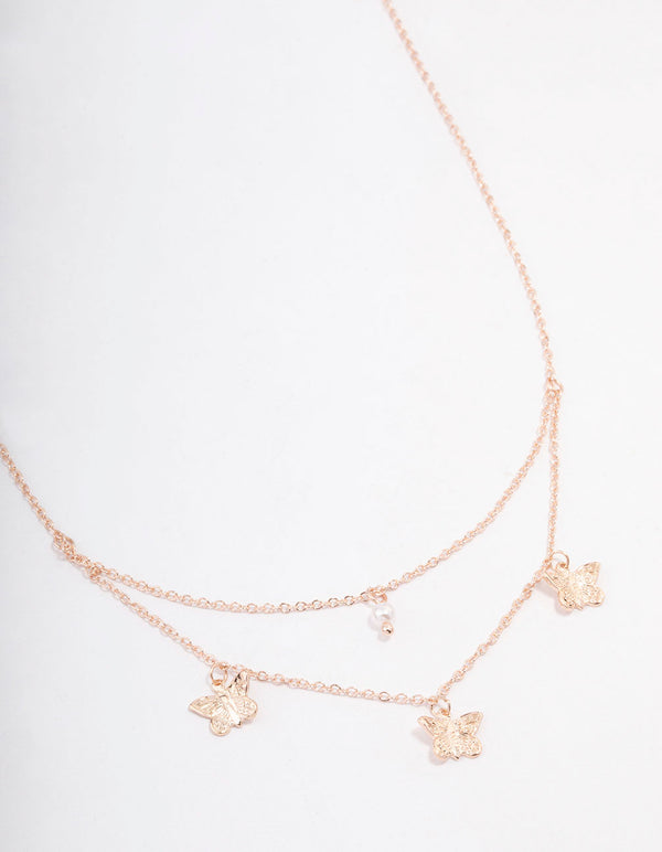 Rose Gold Butterfly Pearl Double Chain Necklace