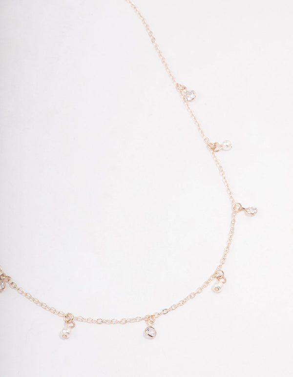 Rose Gold Diamante & Pearl Drop Station Necklace