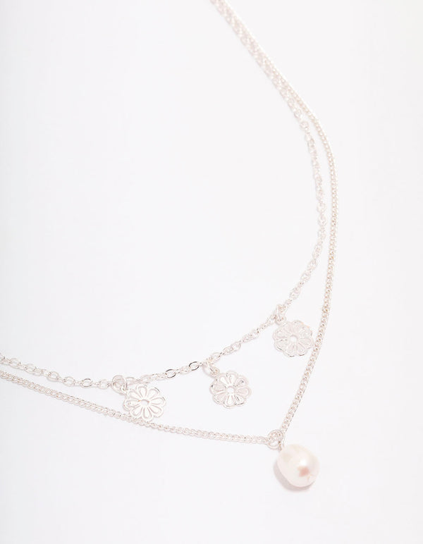 Silver Filigree Flower & Pearl Layer Necklace