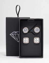 Rhodium Oval & Square Halo Earring Pack - link has visual effect only