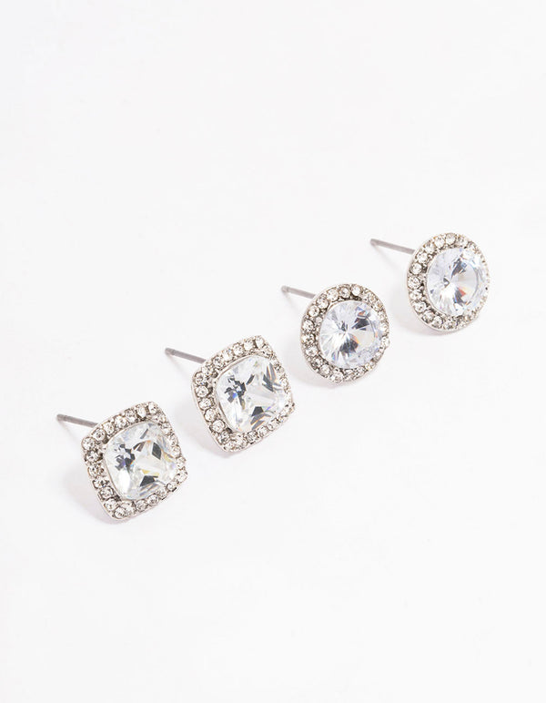 Rhodium Oval & Square Halo Earring Pack