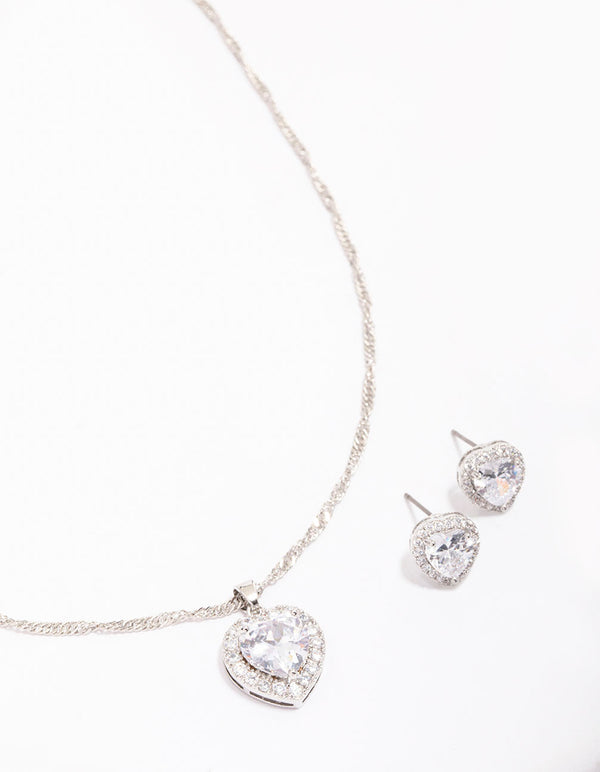 Rhodium Cubic Zirconia Halo Heart Jewellery Set