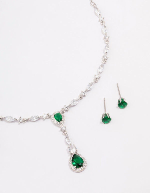 Rhodium Emerald Oval Pear Jewellery Set