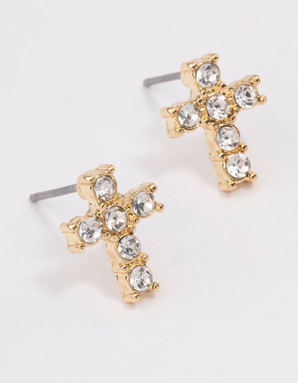 Gold Plated Diamante Cross Stud Earrings
