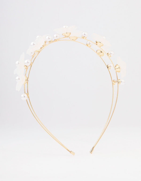 Gold Pearl Flower Double Headband
