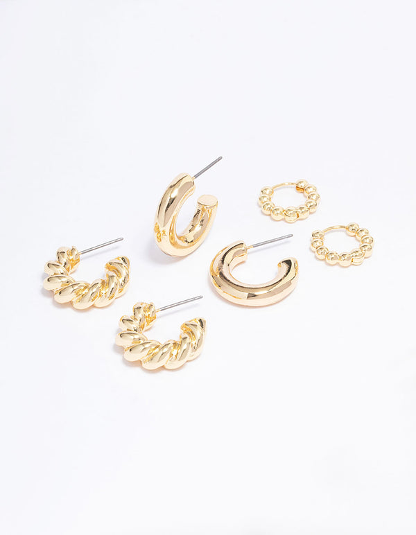 Gold Plated Small Textured Hoop Earring 3-Pack